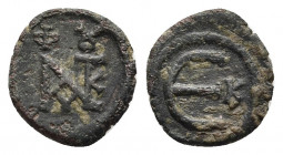 Justin II. 565-578. AE pentanummium. Cyzicus mint. 
Obv: Monogram # 8.
Rev: large Є; K to right. 
SBCV 375; DO 137.

Weight: 1.59 g.
Diameter: 14 mm.