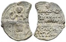 Konstantinos Tzimpeas, circa 1279. Lead Seal.
Obv: Θ A/ΓI/OC - ΓЄ/wP/ΓIO/C Saint George, nimbate, standing facing, holding spear in his right hand and...
