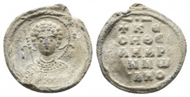 BYZANTINE LEAD SEAL.
Obv: M / I - X / A. Bust of Archangel Michael facing, holding sceptre.
Rev: Legend in 5 lines.

Weight: 6.69 g.
Diameter: 23 mm.