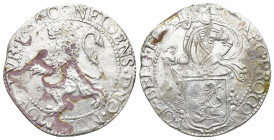 NETHERLANDS. Utrecht. Lion Daalder. 1643.
Obv: MO ARG PRO CON FOE BELG TRA. Knight standing left, head right, holding up garnished coat-of-arms in for...