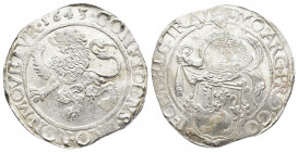 NETHERLANDS. Utrecht. Lion Daalder. 1643.
Obv: MO ARG PRO CON FOE BELG TRA. Knight standing left, head right, holding up garnished coat-of-arms in for...