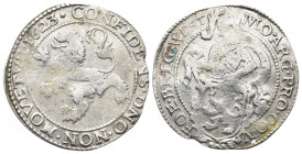 NETHERLANDS. Lion Daalder 1623. West Friesland.
Obv: MO ARG PRO CONFOE BELG WESTF. Armored knight left behind coat-of-arms.
Rev: CONFIDENS DNO NON MOV...