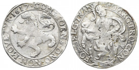 NETHERLANDS. Lion Daalder (1617). Overijssel.
Obv: MO ARG PRO CONFOE BELG TRAN. Armored knight left behind arms.
Rev: CONFIDENS DNO NON MOVETVR. Rampa...