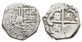 Potosi, Bolivia, cob 2 reales, Philip III, assayer T ABOVE mintmark P to right (ca. 1620), very rare. S-P21; KM-8. 6.89 grams. Another oddball coin of...