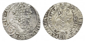 HABSBURG, Leopold I. (1657 - 1705)
3 Kreuzer 1696 (?), Pressburg, C. S. Hunger, Ag, 1,85 g, H.: 1478, U. II.: 1086.b

Weight: 0.98 g.
Diameter: 17 mm.