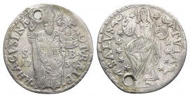 Republic of Ragusa (Croatia). 1 Perpero = 12 Grosetti (1/5) 1730. Silver. KM# 7. Holed

Obverse
St. Blaze divides date and S B. Lettering around.
Lett...