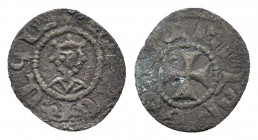 Armenia, Hetoum II AR Obol. AD 1226-1270. 
Crowned facing bust.
Rev: Simple latin cross, crescent in cross
Nercessian 395 var
Very rare type. 
0.50 gr...