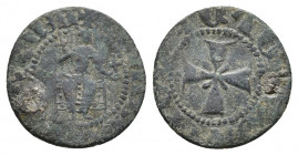 Levon IV Pogh Cilician Armenia AE. 1320-1342 AD 
Levon seated on a throne, holding cross and lill
Rev: Cross with dots in fields. 
Bedoukian 2018-2020...