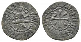 Armenian Kingdom, Cilician Armenia. Hetoum I. 1226-1270. AE tank. Sis mint. Hetoum seated facing on bench, holding lis-tipped scepter and globus cruci...