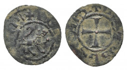 Armenian Kingdom. Levon V. 1373-1375. AE pogh. Lion of Cyprus, rampant to right, within dotted border / Cross potent within dotted border. Bedosian 22...