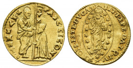ITALY. Venice. Pasquale Cicogna (1585-1595). GOLD ducat.
Obv: PASC CICON / DVX / S M VENET. St. Mark standing right, presenting staff to Doge kneeling...