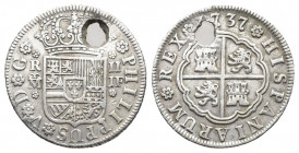 Spain. 1737. Felipe V. Madrid. JF. 2 reales. (Cal. 1255). Holed.

Weight: 5.75 g.
Diameter: 26 mm.