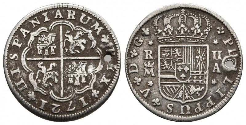 Spain. FELIPE V (1700-1746). 2 Reales. Silver. 1721. Madrid A. (Cal-2019-774). H...