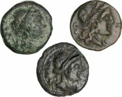 Lote 3 monedas Semis. (S. III a.C.). BRUTTIUM. Vibo Valentia (Hipponion). Anv.: Cabeza de Hera, detrás S. Rev.: Doble cornucopia. AE. A EXAMINAR. S-66...