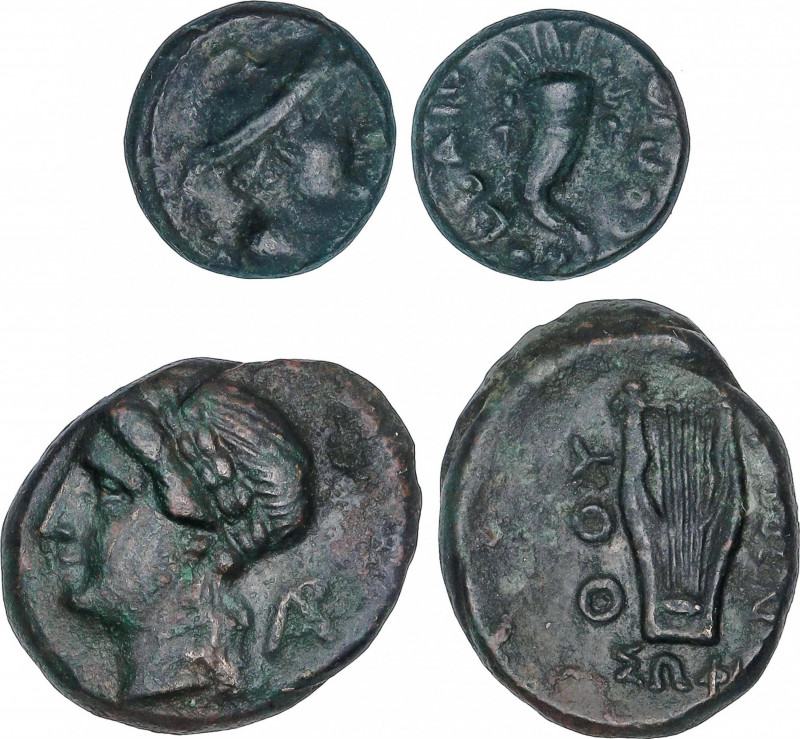Lote 2 monedas Sextans y AE 16. 280-260 a.C. THOURIOI. LUCANIA. ESCASAS. Rev.: L...