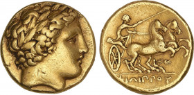Estátera. 352-336 a.C. FILIPO II. PELLA. Anv.: Cabeza laureada de Apolo a derecha. Rev.: ¶I¶I¶O¶. Biga a derecha, debajo fulmen. 8,57 grs. AU. Cy-1186...