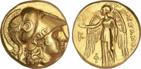 Estátera. 336-323 a.C. ALEJANDRO III. KALLATIS (Tracia). Anv.: Cabeza de Atenea a derecha, con casco corintio. Rev.: A¶AN¶(O¶). Nike en pie a izquierd...