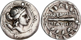 Tetradracma. 158-149 a.C. AMPHIPOLIS. MACEDONIA. Anv.: Escudo Macedonio, en el centro busto de Artemis a derecha, con arco y carcaj. Rev.: Clava a der...