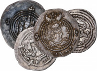 Lote 4 monedas Dracma. PEROZ, KHUSRO I, KHUSRO II y KAVAD I. AR. Todas con ceca y fecha perfectamente legibles. MBC+.