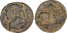 As. 150-20 a.C. ARECORATAS (ÁGREDA, Soria). Anv.: Cabeza masculina a derecha, entre dos delfines. Rev.: Jinete con lanza a derecha, debajo leyenda ibé...