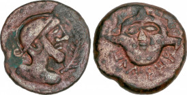 As. 150-20 a.C. ILIBERRI (GRANADA). ESCASA. Anv.: Cabeza masculina con casco a derecha, delante palma. Rev.: Triscela, debajo leyenda ibérica. 15,34 g...