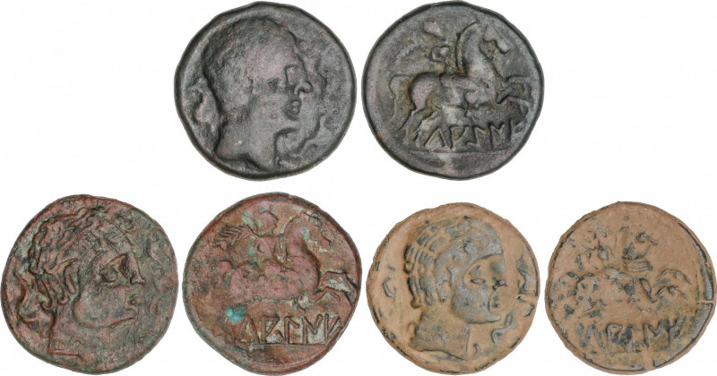 Lote 3 monedas As. 120-20 a.C. LAGINE (Zona de Aragón). Anv.: Cabeza masculina a...