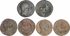 Lote 3 monedas As. 120-20 a.C. LAGINE (Zona de Aragón). Anv.: Cabeza masculina a derecha con adornos en el cuello, rodeada por tres delfines. Rev.: Ji...