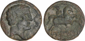 As. 120-30 a.C. SECOBIRICES (SAELICES, Cuenca). Anv.: Cabeza masculina a derecha, delante delfín, detrás palma y debajo signo ibérico S. Rev.: Jinete ...