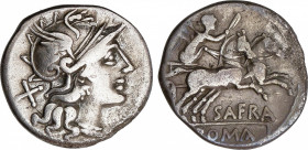 Denario. 150 a.C. AFRANIA. Spurius Afranus. Rev.: Victoria con látigo en biga a derecha, debajo SAFRA. En exergo: ROMA, en tablilla. 3.59 grs. AR. BMC...
