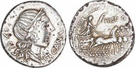 Denario. 82-81 a.C. ANNIA. C. Annius y Lucius Fabius. HISPANIA. Anv.: Busto diademado a derecha, delante balanzas. Rev.: HISP Q entre las patas de los...