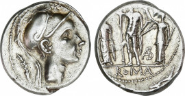 Denario. 112-111 a.C. CORNELIA. Cnaeus Cornelius Blasio. Anv.: Cabeza de Escipión el Africano a derecha, detrás palma. Rev.: BLA en monograma. En exer...