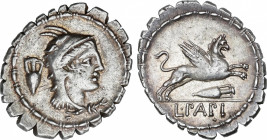 Denario. 79 a.C. PAPIA. L. Papius. Anv.: Cabeza de Juno Sospita a derecha, detrás ánfora. Rev.: Grifo a derecha, debajo ánfora. En exergo: L. PAPI. 3,...