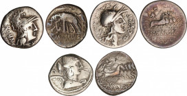 Lote 3 monedas Denario. 125, 116, 46 a.C. CAECILIA, CARISIA y CURTIA. AR. A EXAMINAR. FFC-203, 538, 669. BC+ a MBC-.