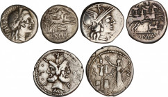 Lote 3 monedas Denario. 146, 119, 92 a.C. AELIA, ANTESTIA y FURIA. AR. A EXAMINAR. FFC-100, 147, 730. MBC- a MBC.