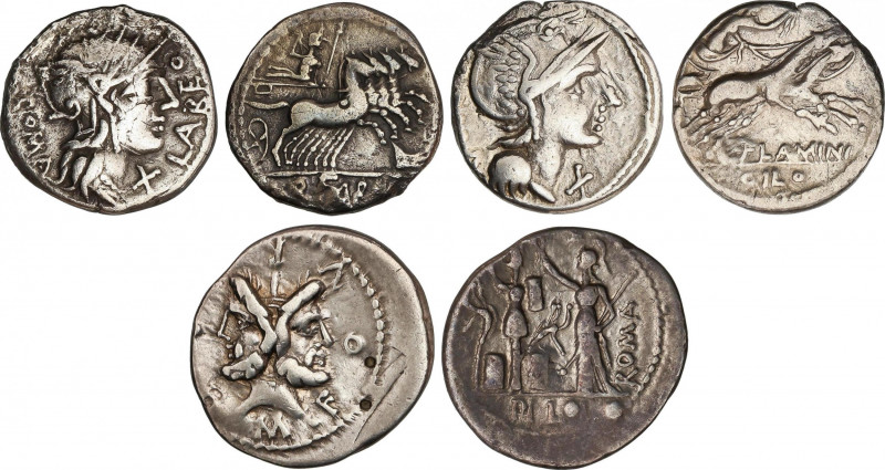 Lote 3 monedas Denario. 124, 119 y 109 a.C. FABIA, FLAMINIA y FURIA. AR. A EXAMI...