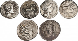 Lote 3 monedas Denario. 124, 119 y 109 a.C. FABIA, FLAMINIA y FURIA. AR. A EXAMINAR. FFC-697, 708, 730. MBC.