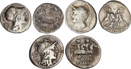 Lote 3 monedas Denario. 148, 109, 103 a.C. LUTATIA, MARCIA y MINUCIA. AR. A EXAMINAR. FFC-828, 848, 928. BC+ a MBC.