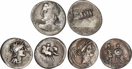 Lote 3 monedas Denario. 115, 84, 67 a. C. LICINIA, SERGIA y SERVILIA. AR. A EXAMINAR. FFC-803, 1111, 1122. MBC- a MBC.