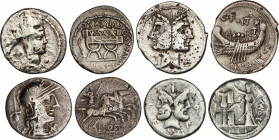 Lote 4 monedas Denario. 131, 119, 114, 67 a.C. FONTEIA, FURIA, PLAETORIA y POSTUMIA. AR. A EXAMINAR. FFC-713, 730, 978, 1063. BC a MBC.