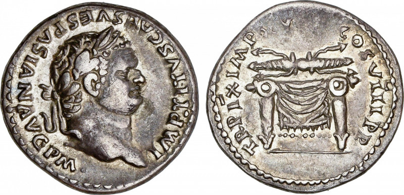 Denario. Acuñada el 80 d.C. TITO. Anv.: IMP. TITVS CAES. VESPASIAN. AVG. P.M. Ca...