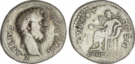 Denario. Acuñada el 137 d.C. AELIO. Anv.: L. AELIVS CAESAR. Busto descubierto a derecha. Rev.: TR. POT. COS. II. Concordia sentada a izquierda. 2,99 g...