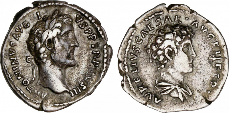 Denario. Acuñada el 140 d.C. ANTONINO PÍO y MARCO AURELIO. Anv.: ANTONINVS AVG. ...