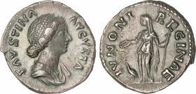 Denario. Acuñada el 161-175 d.C. FAUSTINA HIJA. Anv.: FAVSTINA AVGVSTA. Busto diademado a derecha. Rev.: IVNONI REGINAE. Juno estante a izquierda con ...