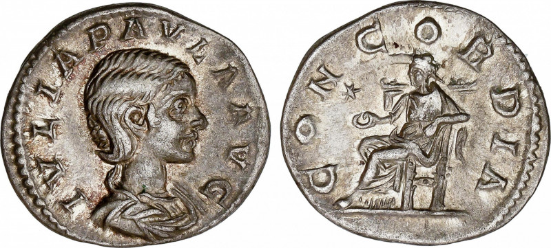 Denario. Acuñada el 219 d.C. JULIA PAULA. Anv.: IVLIA PAVLA AVG. Busto a derecha...