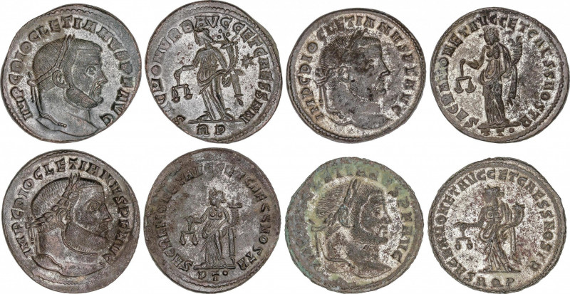 Lote 4 monedas Follis. Acuñadas el 296-303 d.C. DIOCLECIANO. Rev.: SACRA MON URB...