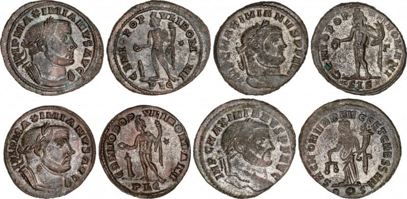 Lote 4 monedas Follis. Acuñadas el 295-305 d.C. MAXIMIANO HÉRCULES. SISCIA. Rev....