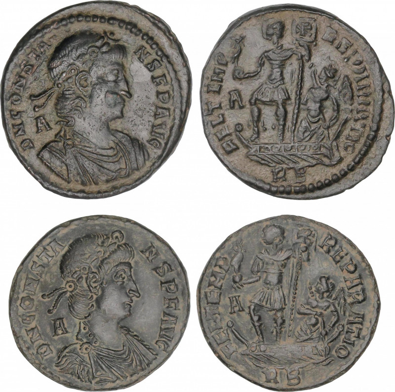 Lote 2 monedas Centenional. Acuñadas el 348-350 d.C. CONSTANTE. ROMA. Anv.: D. N...