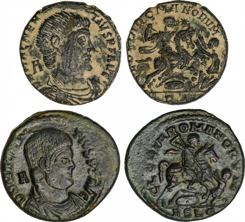 Lote 2 monedas Centenional. Acuñadas el 350-353 d.C. MAGNENCIO. LUGDUNUM y ROMA....