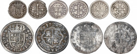Lote 5 monedas 1/2 (3), 2 Reales (2). 1719 a 1733. CUENCA (2), SEGOVIA, SEVILLA (2). A EXAMINAR. AC-105, 331, 339, 671, 956. BC a MBC+.
