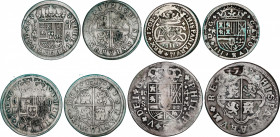 Lote 4 monedas 2 (3) y 4 Reales. 1708 a 1721. BARCELONA, MADRID, SEGOVIA y SEVILLA. Incluye: 2 Reales 1708 Barcelona (Carlos III Pret.), 2 Reales 1721...